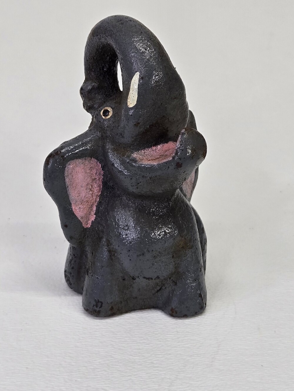 VTG Cast Iron Elephant Bottle Opener Figural Paperweight Trunk Up Pink Mouth #3